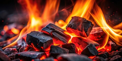 Red hot coal bars in focus on dark background with flames. Background of raw coal with soft focus exclusion with color and temperature
