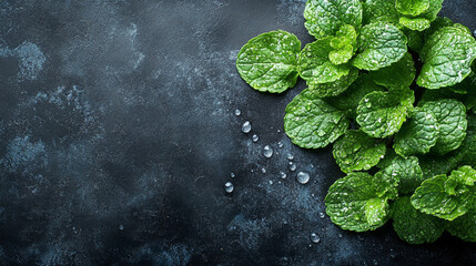 Fresh mint leaves scattered in a dynamic pattern representing nature's vitality and the refreshing essence of life, symbolizing rejuvenation, purity, and the calming balance amidst chaos

