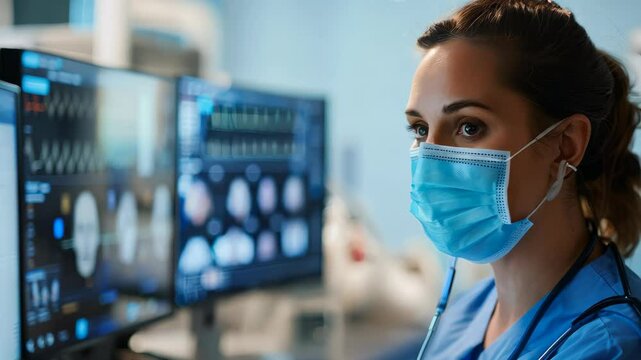 Dedicated female healthcare worker in scrubs and mask analyzes patient daton high-tech monitors in sterile hospital environment, modern healthcareprofessionalism.