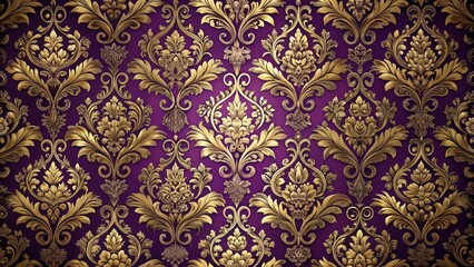 Intricate floral patterns with gold and purple hues on a velvet-like damask background, creating an opulent and luxurious atmosphere, opulent decor, seamless baroque damask background