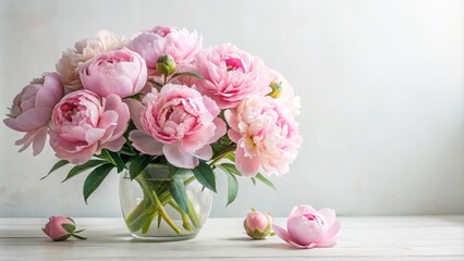 Obraz premium Pastel pink peony flowers arranged in a vase against a soft white background with some greenery , floral arrangement, garden decor