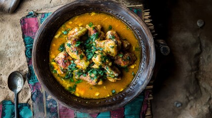Authentic Gabonese Nyembwe Chicken in Rich Palm Butter Sauce Served in African Cultural Setting for Rustic Dining Experience