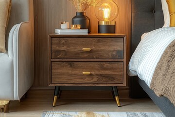 Modern solid wood bedside table with two drawers, dark brown color, golden legs, and black metal leg support. American-style bedroom furniture.