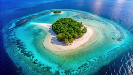 A heart-shaped island with turquoise waters and powdery white sand, surrounded by a coral reef teeming with marine life , heart shaped island, tropical paradise