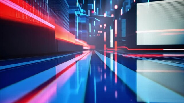 Red, white and blue background graphic of a neon lit interior with walls displaying news footage and graphs. For news broadcast introduction or background graphic.