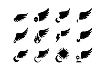 artistic set of various wing silhouettes representing freedom, dreams, and spirituality in a minimal black vector style