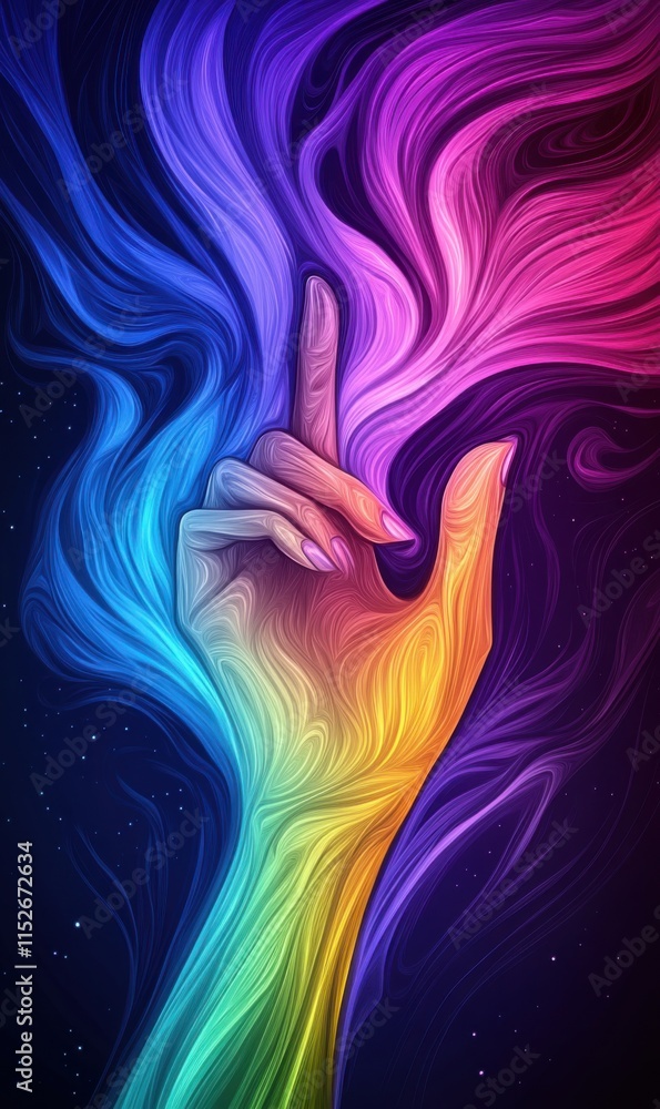 Aufkleber vibrant hand gesture surrounded by colorful swirling patterns and abstract cosmic background
