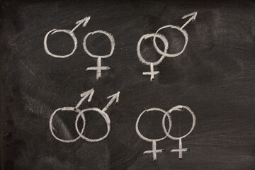 different combinations of male and female gender symbols drawn with a white chalk on a blackboard © MarekPhotoDesign.com