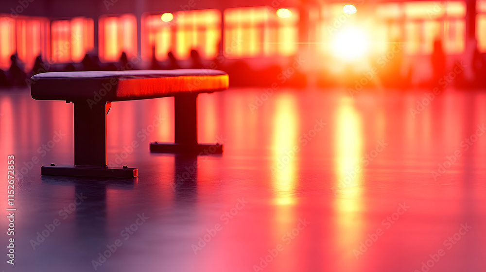 Aufkleber a bench in an illuminated space with a warm sunset glow reflecting on the floor