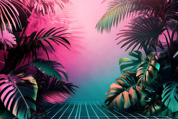 A radiant neon tropical garden glowing under retrowave lights, featuring luminous palm trees and vibrant synthwave colors against a bold futuristic backdrop