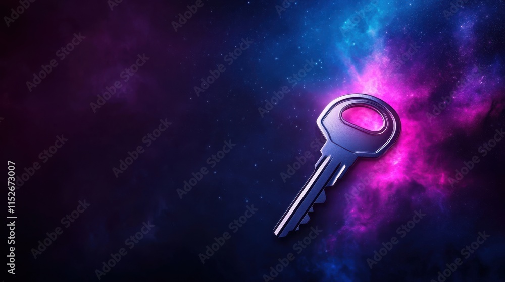 Poster key floating in cosmic space against colorful nebula background with bright stars and mystical atmos