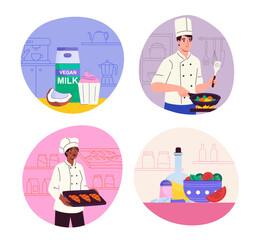 Set of cooking. Man frying vegetables with frying pan. Woman with croissants. Bowl with salad and milk package. Catering occupation. Flat vector collection