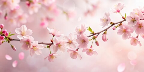 Soft pink sakura petals fall gently from a delicate branch against a soft white background, creating a serene and peaceful atmosphere , blossom fall, pink sakura flowers falling