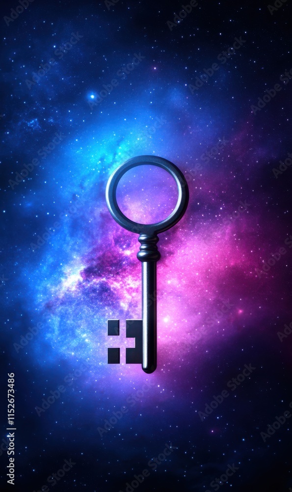 Aufkleber cosmic key in mystical universe with vibrant colors and celestial background conveys unlocking poten