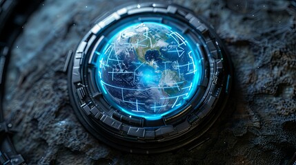 Futuristic Device Displaying Earth with Glowing Network Overlay