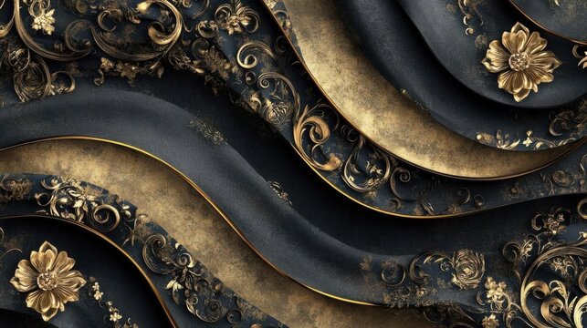 Fototapeta Golden flowers and swirls decorate luxurious black and gold abstract waves, elegant design elements. Luxury, elegance.