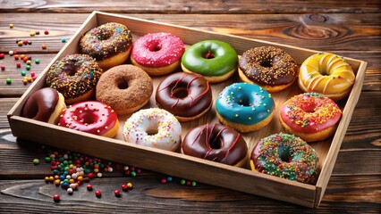 A vibrant box of assorted colourful donuts with sprinkles and glaze scattered around on a wooden table, glazed donuts, bakery treats