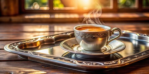 A delicate china cup filled with steaming hot coffee is placed on a ornate silver tray on a elegant wooden table in a luxurious coffee shop, silver, coffee