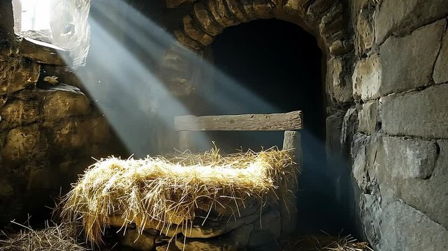 Static shot of sun rays shining on manger in a stable.