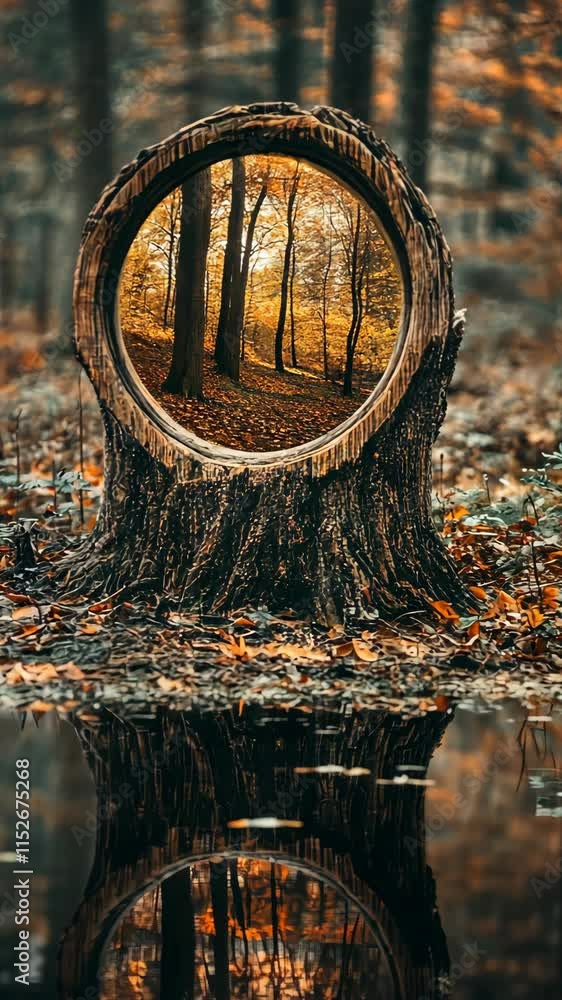 Poster unique forest view through tree stump reflecting autumn colors in tranquil setting