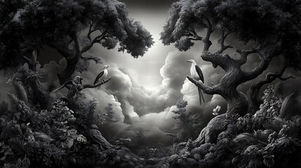 Monochrome Digital Painting: Birds in a Dreamlike Forest AI Generated