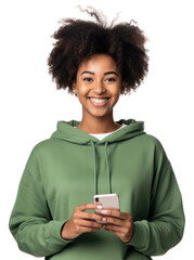 PNG A young woman holding a mobile cellphone looking at the camera sweatshirt sweater happy.