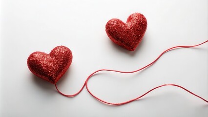 Two red hearts connected by a thin thread with a subtle sparkle, connection, passion,  connection, passion