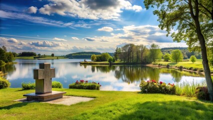 A memorial is overlayed on a natural landscape with a serene lake in the background, quiet, landscape,  quiet, landscape