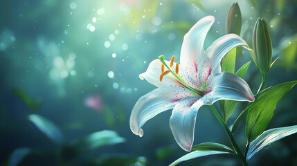 Fototapeta premium Stunning White Lily Bloom in a Mystical Forest Setting