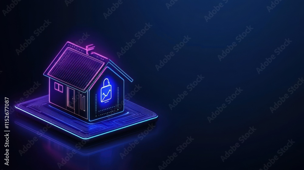 Poster neon house icon with a lock symbol representing secure digital communication in a modern cyber envir