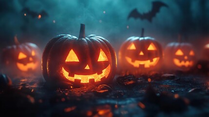 Fototapeta premium many pumpkins that are glowing in the dark