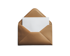 An open brown envelope with a blank white paper, isolated on a transparent background