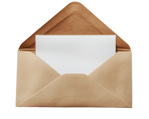 An open brown envelope with a blank white paper, isolated on a transparent background