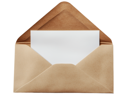 An open brown envelope with a blank white paper, isolated on a transparent background