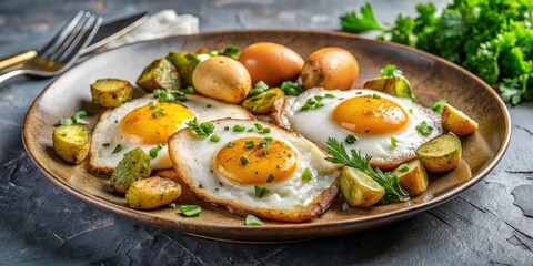Crispy fried eggs on a plate with sliced gherkin and roast potato, garnished with fresh parsley , garnish, golden,  garnish