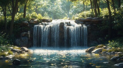 Sunlit forest waterfall cascading into pool.
