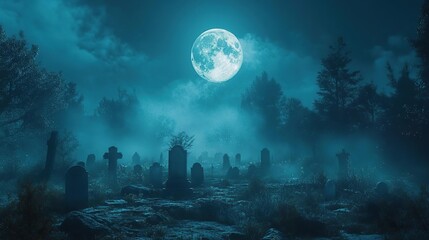 a full moon that is shining over a cemetery