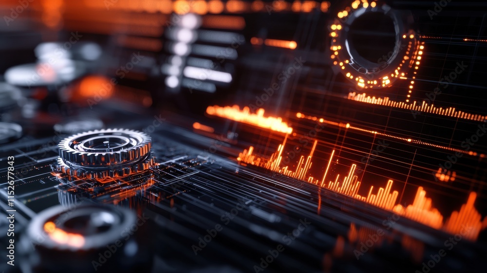 Poster a close-up view of a futuristic audio interface featuring glowing knobs and a dynamic soundwave visu