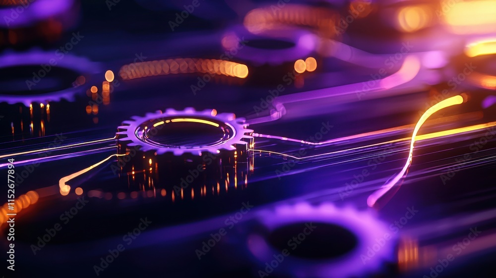Poster a close-up view of intricate circuitry featuring glowing gears and vibrant purple hues, showcasing t
