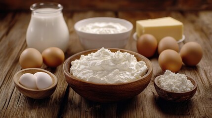 Fototapeta premium Fresh creamy dairy products on wooden table. Perfect for recipes, cooking blogs, or food industry advertising.