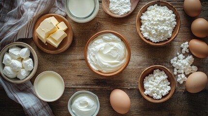 Assortment of dairy products on wood. Perfect for recipes, healthy eating, or food blogs.