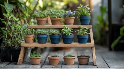 Fototapeta premium Upcycled wooden ladder used as a rustic plant stand, showcasing eco-friendly and creative home decor with potted plants, combining sustainability and charm in a natural design.