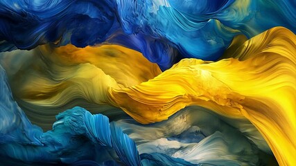 Undulating swirls of Ukrainian flag themed colors for patriotic war background.
