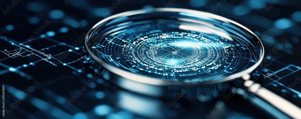 Poster a magnifying glass reflects a digital pattern, symbolizing analysis and data exploration in a high-t