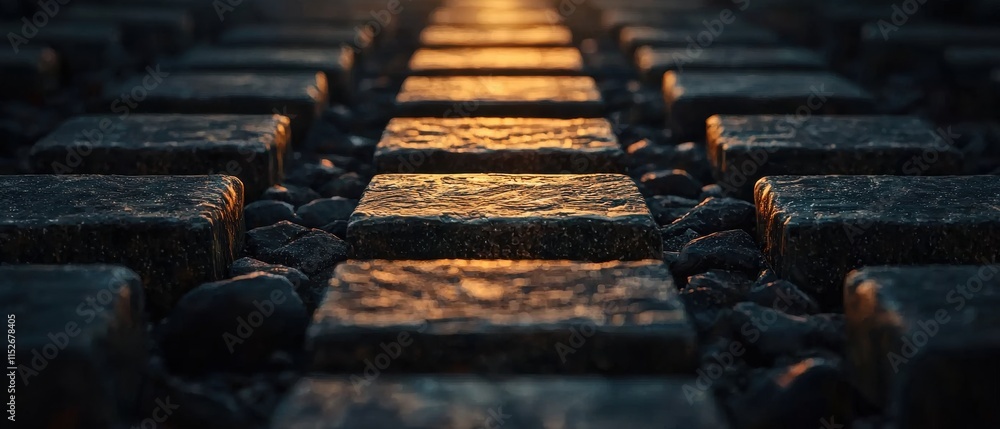 Aufkleber a narrow pathway of textured stone tiles illuminated by warm light, creating a tranquil and inviting