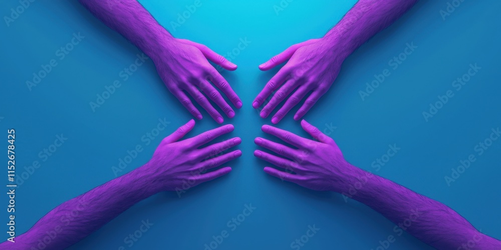 Aufkleber four colorful hands converge towards the center against a blue background, creating a striking visua