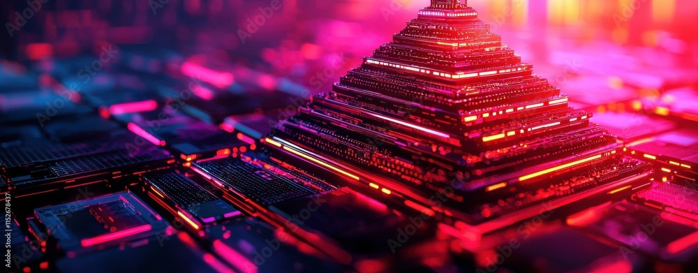 Aufkleber a vibrant, digital pyramid sits on a circuit-like surface, illuminated by colorful lights, creating 