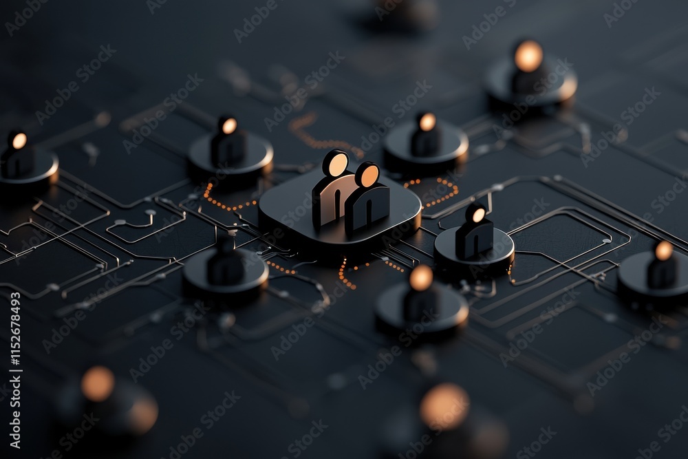 Poster a close-up of a futuristic circuit board featuring illuminated nodes and abstract figures, symbolizi