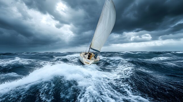 A sailboat navigating through rough seas under dramatic stormy skies