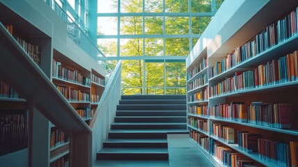 Library with bookshelves and stairs leads to natural light, trees through large windows.